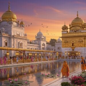 A majestic Sikh gurudwara complex in traditional Mughal-Sikh architectural style with golden domes and intricate marble work, set against a vibrant sunset sky with warm orange and purple hues. The main building features ornate arches, detailed floral patterns, and gleaming white walls. Modern glass and steel guest accommodations seamlessly blend with the traditional architecture in the background. The foreground shows a serene reflection pool with floating lotus flowers, surrounded by perfectly manicured gardens with blooming flowers in pink and white. Several Sikh pilgrims in traditional attire are walking along the marble pathways, their colorful turbans and clothing creating visual interest. Soft, ethereal lighting illuminates the scene, with golden lanterns casting a warm glow. Small details include intricate Gurmukhi patterns on the walls, flowing water fountains, and prayer flags gently swaying in the breeze. The scene is captured in a cinematic wide-angle view, combining photorealistic details with subtle digital art enhancement, emphasizing both the spiritual atmosphere and modern amenities. Artistic style merges traditional Indian architectural photography with contemporary digital art techniques, creating a harmonious blend of heritage and modernity.