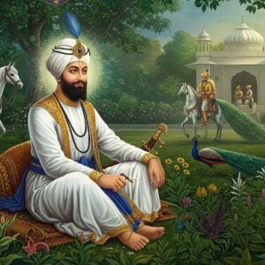 A young, radiant Guru Har Rai in pristine white robes with a royal blue sash, seated in a serene garden filled with medicinal herbs and flowering plants, symbolizing his love for nature. He wears a tall, regal turban adorned with a kalgi (plume) and spiritual symbols. In the background, a magnificent white horse represents his cavalry, while peacocks roam freely. The scene is illuminated by soft, golden morning light filtering through trees. Traditional Mughal-style architecture elements frame the composition. The foreground features detailed botanical illustrations of herbs in Madhubani art style. Ethereal glowing patterns and mandalas float in the air, creating a mystical atmosphere. The color palette includes deep greens, royal blues, whites, and gold accents. The art style combines hyperrealistic details with spiritual Indian art elements, creating a dreamlike quality. The Guru's face radiates compassion and wisdom, with a gentle smile and peaceful expression.