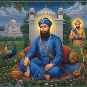 A serene scene depicting Guru Har Rai seated in a traditional garden filled with medicinal herbs and flowers, wearing a royal blue chola and adorned with a majestic white turban with a kalgi. He is surrounded by peacocks and deer, symbolizing his love for nature and animals. In his hands, he holds healing herbs, representing his expertise in medicine. Behind him, a younger Guru Har Krishan is shown in divine golden light, symbolizing succession. The background features a traditional Gurudwara architecture with intricate Mughal-style details. The scene is rendered in a blend of Mughal miniature painting style and modern digital art, with rich colors of deep blues, emerald greens, and royal golds. Ethereal light streams through clouds, creating a spiritual atmosphere. Small details include flowing water channels in the garden, symbolic of continuing legacy, and various medicinal plants detailed in traditional Indian art style. The composition emphasizes tranquility and spiritual wisdom, with soft glowing edges and detailed botanical elements.