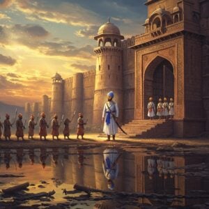 A majestic, ethereal scene depicting Guru Hargobind Ji standing tall and dignified at the gates of Gwalior Fort during sunrise, wearing royal white attire with a blue turban, adorned with the symbolic Kalgi feather. He's wearing two swords representing Miri and Piri. Behind him, 52 Hindu princes emerge from the fort's gates, their clothes tattered but spirits unbroken, creating a powerful silhouette against the dawn sky. The fort architecture is intricately detailed in Rajasthani style with traditional Indian motifs, weathered stone textures, and imposing walls. Golden divine light streams through the clouds, illuminating the scene. The fort's reflection appears in a serene water body below, creating a mirror effect. In the foreground, broken chains and shackles lie symbolically. Art style combines hyperrealistic architectural details with ethereal lighting and mystical elements. Subtle mandala patterns in the sky add spiritual depth. Color palette features deep blues of early morning, warm golds of sunrise, and earthy tones of the fort, creating a dramatic contrast.