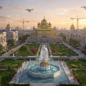 A modern Indian cityscape with gleaming glass buildings adorned with traditional Sikh architectural elements, golden domes, and intricate jharokhas. In the foreground, a stunning garden features a large marble fountain with six water streams representing the six virtues of Guru Hargobind. The scene transitions from dawn to dusk across the frame, symbolizing growth and progress. Flying drones and electric vehicles blend seamlessly with traditional horse-drawn carriages. Towering trees line clean streets where people in both modern and traditional Punjabi attire walk. Solar panels glisten on rooftops while traditional Gurudwara architecture stands proudly in the background, its golden dome reflecting sunset rays. Holographic displays show development metrics floating above buildings. The sky features soft pastels of sunrise - pink, lavender, and gold. The entire scene is rendered in a hyper-realistic digital art style with careful attention to lighting and shadows, creating a harmonious blend of tradition and futuristic development. Small details include construction cranes, green spaces, and modern infrastructure seamlessly integrated with cultural elements.