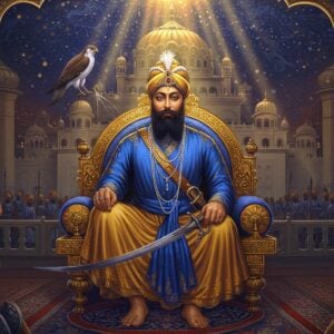 A majestic portrait of Guru Hargobind Sahib Ji seated on a royal throne, wearing a regal blue and gold attire, adorned with the symbolic Miri Piri (two swords representing spiritual and temporal authority). He wears a tall turban with a kalgi (plume) and has a flowing beard. In his hands, he holds the two swords - one spiritual (Piri) in his right hand pointing upward, and one temporal (Miri) in his left hand pointing forward. Behind him, a grand architecture of the Akal Takht emerges with intricate Sikh motifs and patterns in gold. The scene is illuminated by divine light streaming from above, creating a supernatural glow around the Guru. In the foreground, symbolic elements include a hawk (representing divine vision), warriors in traditional Sikh armor, and the Guru's horse Dil Bagh. The art style combines hyperrealistic digital painting with traditional Indian miniature art elements, using a color palette of deep blues, rich golds, and warm earth tones. The atmosphere is regal yet spiritual, with subtle sacred geometric patterns in the background and soft particles of light dancing in the air.
