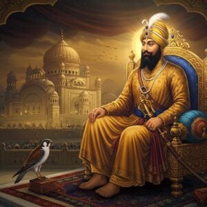 A majestic portrait of Guru Hargobind Sahib Ji seated on a royal throne, wearing a tall turban adorned with a kalgi (plume), and the iconic Miri Piri (two swords representing spiritual and temporal authority). He is dressed in regal attire with an intricate gold brocade kurta, a matching dhoti, and a flowing shawl. The Guru is shown wearing the six weapons - two swords crossed at his chest, a bow and quiver visible on his back, and two more weapons at his waist. The background features the historic Akal Takht illuminated in golden light, with detailed Mughal-era architecture. Traditional Madhubani-style border patterns frame the scene, incorporating Sikh symbols like the Khanda and Ik Onkar. The lighting is dramatic with warm golden rays filtering through, creating a divine atmosphere. In the foreground, subtle elements depicting his legacy - like the released birds symbolizing freedom from Gwalior Fort, and a falcon (baaz) perched nearby. The art style combines hyperrealistic digital rendering with traditional Indian artistic elements, maintaining historical accuracy while appearing contemporary. The color palette focuses on royal blues, deep crimsons, and rich golds, with ethereal glowing effects around the Guru's form suggesting his spiritual radiance.