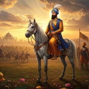 A majestic scene depicting Guru Hargobind Sahib Ji mounted on a white stallion, wearing a tall royal blue turban with a kalgi, adorned with Miri Piri (two swords symbolizing spiritual and temporal authority). He is wearing a flowing royal attire in deep saffron and blue, with intricate golden threadwork. In his hands, he holds his legendary sword Akal Ustat, gleaming in golden light. The background shows a dramatic battlefield at dawn, with the Akal Takht visible in the distance, rendered in a combination of Mughal miniature and modern digital art style. Sikh warriors in traditional armor and turbans are visible in formation behind him. The scene is illuminated by warm golden sunlight breaking through clouds, creating divine rays. The foreground features scattered lotus petals and traditional Punjabi motifs in metallic gold. The art style combines hyperrealistic details with ethereal lighting and rich, deep colors characteristic of Indian classical art. The atmosphere conveys both spiritual grace and martial valor, with a subtle glow around the Guru's form suggesting divine presence.