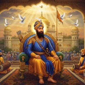 A majestic portrait of Guru Hargobind Sahib Ji seated on a royal throne, wearing a tall bronze-blue turban adorned with a kalgi (plume), and his signature Miri Piri (two swords representing spiritual and temporal authority). He is dressed in regal attire of deep blue and gold, with an intricate golden chadar. The Guru is shown wearing all six weapons - two swords crossed at his chest, a bow and quiver visible behind him, and other weapons at his waist. The background features the historic Akal Takht illuminated in golden light, with soft rays emanating from behind. Six white doves fly in formation above, symbolizing the title "Sachae Patshah". The foreground shows devotees performing kirtan with traditional instruments. The scene is rendered in a fusion of traditional Sikh miniature painting style and modern digital art, with rich colors of royal blue, gold, and saffron. Ethereal light effects create a divine atmosphere, while intricate Punjabi architectural details and geometric patterns frame the composition. The artwork maintains historical accuracy while presenting a sophisticated, contemporary aesthetic appeal.