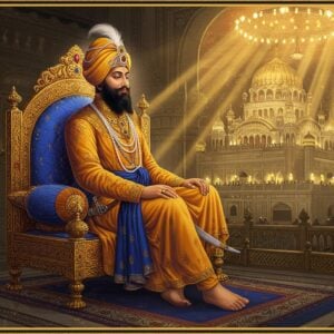 A majestic portrait of Guru Hargobind Sahib Ji seated on a royal throne, wearing a tall royal turban adorned with a kalgi (plume), and his signature Miri Piri (two swords representing spiritual and temporal authority). He is depicted in rich, royal blue and saffron attire with intricate golden embroidery. The Guru is shown wearing six swords symbolizing his title of "Master of Miri and Piri." The background features the historic Akal Takht illuminated in golden light, with subtle mandala patterns merging into the architecture. In the foreground, rays of divine light emanate from the Guru's form, symbolizing spiritual wisdom. The scene includes delicate details of period-accurate Mughal-era architecture, with marble inlays and geometric patterns. The lighting is warm and ethereal, creating a divine atmosphere with soft glows and celestial elements. The art style combines traditional Sikh miniature painting techniques with modern digital art aesthetics, featuring rich jewel tones, intricate detailing, and a harmonious blend of realism and spiritual symbolism. The overall composition creates a sense of divine authority, wisdom, and spiritual-temporal balance.