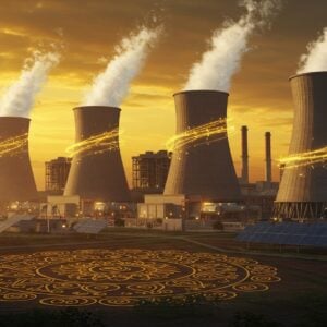A majestic thermal power plant complex with massive cooling towers emitting pure white steam against a sunrise sky in deep saffron and gold tones. The foreground features a stylized lotus-mandala pattern merging into modern industrial elements. The plant's architecture is rendered in detailed metallic structures with intricate Punjabi architectural motifs subtly incorporated into the design. Dynamic energy flows visualized as swirling golden light patterns connect the towers. The scene is captured in a cinematic wide-angle view with volumetric lighting casting long shadows. Modern solar panels and wind turbines in the background symbolize future integration. The color palette combines industrial grays with warm traditional Indian colors - deep maroons, burnished gold, and peacock blue. Hyper-realistic 3D rendering style with dramatic atmospheric lighting, lens flares, and detailed textures. Environmental elements include precisely detailed mechanical components alongside traditional Indian geometric patterns. The composition suggests both industrial might and sustainable progress.