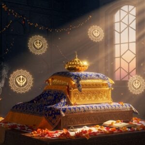 A majestic golden Guru Granth Sahib placed on an intricately carved wooden table in a contemporary minimalist Gurudwara setting, illuminated by ethereal rays of morning sunlight streaming through modern geometric windows. The holy book is draped in a rich saffron and deep blue rumala with detailed Punjabi patterns. Surrounding the scripture are floating, glowing mandala patterns incorporating Khanda symbols and Ik Onkar motifs in shades of gold and white. Delicate strands of light spiral around the scene, while subtle smoke from brass incense holders creates a mystical atmosphere. In the background, a gradient wall transitions from deep navy to soft dawn pink, adorned with modern interpretations of traditional Sikh architectural elements. Fresh flower petals (white and orange) scatter gracefully around the sacred text. The lighting is warm and divine, creating a soft halo effect around the Guru Granth Sahib. The scene is rendered in a harmonious blend of photorealistic and digital art styles, with careful attention to textures and metallic finishes. --ar 16:9 --v 5 --s 750 --q 2