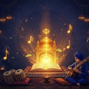 A serene nighttime scene showing a young Sikh musician playing a traditional dilruba in front of an intricately designed golden Guru Granth Sahib on an elevated platform with detailed rumalas. The musician wears a deep blue kurta with golden threadwork. Divine light emanates from the holy book, creating a supernatural aura with floating musical notes transformed into golden peacock feathers and lotus petals. The background features a massive mandala pattern in Gurmukhi art style, rendered in deep indigo, saffron, and gold. Multiple strings of warm glowing diyas illuminate the scene. Ethereal wisps of incense smoke form intricate patterns in the air, intertwining with the musical elements. The lighting is mystical with golden rays filtering through the smoke, creating a dreamlike atmosphere. The art style combines traditional Indian miniature painting techniques with modern digital art aesthetics, emphasizing the spiritual connection between music and divinity.
