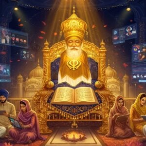 A majestic digital illustration of the Sri Guru Granth Sahib placed on an ornate golden palki (throne), radiating divine golden light in concentric mandala patterns. In the foreground, a diverse group of young Sikhs in modern attire (jeans, kurtas) alongside traditional clothing interact with tablets and smartphones displaying sacred texts. The background features a seamless blend of traditional Gurudwara architecture with modern digital interfaces floating in the air, showing streaming platforms and social media elements in soft blue hues. Intricate Punjabi patterns and motifs flow through the scene like streams of light. The lighting is warm and ethereal, with soft spotlights highlighting the scripture. The color palette includes deep royal blue, gold, saffron, and cream. The art style combines traditional Indian miniature painting techniques with contemporary digital art aesthetics, creating a harmonious bridge between ancient wisdom and modern technology. Floating lotus petals and subtle geometric patterns add depth and spirituality to the composition.