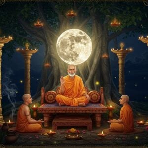 A serene nighttime scene with a full moon emitting ethereal silver-golden light, illuminating an elderly Indian Guru in saffron robes seated on a carved wooden platform beneath a sacred banyan tree. The Guru's face radiates wisdom with deep peaceful eyes and a gentle smile, while three disciples in traditional white kurtas sit at lower levels, receiving knowledge. Intricate Madhubani-style patterns in gold and deep blue frame the scene, featuring sacred symbols like Om and lotus motifs. The banyan tree's aerial roots create natural columns decorated with glowing diyas. Floating golden mandalas and subtle sacred geometry patterns appear in the background. The atmosphere is mystical with soft swirls of incense smoke and scattered flower petals. The lighting combines moonlight and warm diya flames, creating a dramatic interplay of light and shadow. The scene is rendered in a modern digital art style while maintaining traditional Indian art elements, with rich textures and deep colors like midnight blue, saffron, and burnished gold. Fireflies dot the scene, adding magical sparkle.
