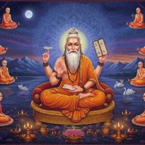 A majestic scene depicting Sage Vyasa seated in padmasana on a golden lotus platform, wearing saffron robes with intricate Madhubani-style patterns. He has a flowing white beard, serene expression, and a golden aura surrounding him. In his four hands, he holds the four Vedas represented as glowing manuscripts. Behind him, a large, ethereal mandala in shades of deep blue and gold radiates spiritual energy. On either side, seven enlightened gurus in meditation poses float on smaller lotus platforms, creating a symmetrical composition. The background features a mystical Himalayan landscape with sacred peaks bathed in moonlight, representing Purnima. Floating diyas and sacred threads weave through the scene. Traditional Indian motifs like peacocks, swans, and geometric patterns adorn the borders. The overall color palette combines rich maroons, saffron, peacock blues, and metallic gold accents. The art style merges traditional Pattachitra techniques with modern digital art, creating a surreal, spiritual atmosphere with soft glowing lights and subtle lens flares.