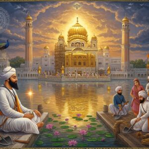 Majestic portrait of Guru Ram Das Ji in radiant white robes with a tall white turban adorned with a golden kalgi, seated in deep meditation near the sacred sarovar during the founding of Amritsar, circa 1574. The water body reflects golden light and lotus flowers. Behind him rises the early construction of Harmandir Sahib in ethereal golden light, with traditional Sikh architecture and intricate geometric patterns. The scene is surrounded by devotees in period-accurate clothing digging the sacred pool. The artwork combines Sikh miniature painting style with modern digital art techniques, featuring a warm color palette of deep blues, golds, and whites. Heavenly rays of light descend from clouds, creating a divine atmosphere. The foreground shows tools and materials used in the city's construction. Delicate mandalas and Gurmukhi patterns float in the air, while peacocks and sacred birds grace the scene. Style: Hyperrealistic digital art with traditional Indian artistic elements, emphasis on spiritual radiance and historical accuracy.