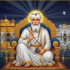 A serene portrait of Guru Ram Das Ji seated in meditation on an ornate golden throne, wearing pristine white robes with intricate gold embroidery. His face radiates divine peace with a soft golden aura surrounding him. He has a long flowing white beard, wearing a traditional white turban adorned with a jeweled kalgi. In his hands, he holds the holy Guru Granth Sahib. The background features the Golden Temple of Amritsar reflecting in still waters, with ethereal rays of light emerging from behind. Floating mandala patterns in shades of deep blue and gold surround him. The scene includes subtle elements like lotus flowers emerging from the water, peaceful doves in flight, and delicate patterns inspired by Gurmukhi calligraphy. The lighting is warm and mystical, creating a dreamlike atmosphere. The art style combines traditional Indian miniature painting techniques with modern digital art aesthetics, using a color palette of white, gold, royal blue, and soft amber. The overall composition suggests tranquility, wisdom, and spiritual elevation.