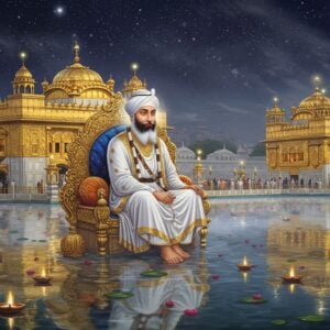 A serene portrait of Guru Ram Das Ji seated on an ornate golden throne, wearing pristine white robes with intricate golden embroidery and a tall white turban adorned with a jeweled kalgi. His face radiates divine peace with a gentle smile, long flowing white beard, and eyes showing deep compassion. He is surrounded by the architectural marvel of the Golden Temple, depicted in a magical ethereal style with golden domes reflecting in the sacred sarovar. Devotees in traditional Sikh attire perform seva around the temple. The scene is illuminated by multiple sources: soft morning sunlight, floating diyas on the water, and a divine glow emanating from the Guru himself. Intricate Gurmukhi patterns and motifs float in the air like golden light particles. The water of the sarovar reflects the entire scene like a perfect mirror, creating symmetrical beauty. Art style combines hyperrealistic digital painting with traditional Indian miniature art elements, featuring rich colors like deep blues, gold, and warm whites. Ethereal fog adds mystical depth while floating lotus flowers and rose petals add movement to the composition. The lighting creates a supernatural atmosphere with god rays piercing through morning mist.