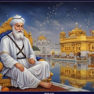 A serene portrait of Guru Ram Das Ji in traditional white flowing robes, seated in meditation on an ornate golden throne, his face radiating divine peace and wisdom. He has a long white beard, gentle eyes, and wears a tall white turban adorned with a golden kalgi. The background features the Golden Temple of Amritsar illuminated in ethereal golden light, reflecting perfectly in the sacred sarovar waters. Intricate Gurmukhi patterns and motifs float in the air like golden light particles. The scene is surrounded by devotees in historical Sikh attire performing seva, some serving langar, others helping pilgrims. Detailed architectural elements of the Golden Temple with its distinctive domes and archways blend with modern digital art effects, creating a dreamy atmosphere. The color palette combines deep royal blues, pristine whites, and rich golds. Soft light beams pierce through morning mist, creating a mystical ambiance. The style merges traditional Sikh artistic elements with contemporary digital art techniques, emphasizing both historical accuracy and modern aesthetic appeal. Photorealistic rendering with subtle magical realism elements.
