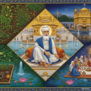 A serene scene depicting Guru Ram Das Ji dressed in traditional white robes and a tall white turban, seated in a cross-legged position on an intricately carved marble platform. His face radiates divine compassion with a gentle smile. Around him is the golden structure of Harmandir Sahib reflecting in pristine waters. The scene is divided into four quadrants symbolizing holistic healing: In one corner, medicinal herbs and plants in vibrant greens grow from sacred soil; another shows crystalline water representing hydrotherapy; the third shows people of all castes sharing a langar meal symbolizing nutritional wellbeing; and the fourth depicts meditation and spiritual healing through kirtan. A soft golden light emanates from the Guru, creating a healing aura that connects all four aspects. Floating lotus flowers in peacock blue and saffron dot the water. The art style combines traditional Sikh miniature painting techniques with modern digital aesthetics, featuring intricate patterns and mandala motifs in warm golds and deep blues. The scene is surrounded by a border of traditional Indian healing symbols and medicinal plants rendered in a contemporary minimalist style.