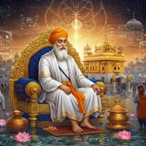 A serene representation of Guru Ram Das Ji in white robes and a saffron turban, seated in meditation on an intricately carved golden throne, emanating a soft divine glow. Behind him, a modern cityscape of 2025 India seamlessly merges with the architectural marvel of the Golden Temple, his legacy. Holographic screens displaying technological advancements float in the air, while traditional devotees and modern professionals in business attire gather around, seeking blessings. The sky features a blend of digital neural networks intertwined with traditional Gurmukhi calligraphy patterns in golden light. The scene includes symbolic elements: the bowl of service (seva), representing equality, and a flowing stream of crystal-clear water signifying Amrit. The art style combines hyperrealistic digital rendering with traditional Sikh artistic motifs, using a color palette of gold, white, deep blues, and saffron. Ethereal light particles and modern lens flares add a contemporary touch while maintaining spiritual sanctity. The foreground shows blooming lotus flowers emerging from digital ripples, symbolizing growth in the modern age.