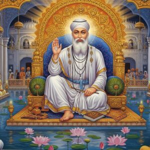 A luminous portrait of Guru Ram Das Ji seated on an ornate golden throne, wearing pristine white robes with intricate Madhubani-style border patterns. His face radiates divine serenity with a flowing white beard, gentle eyes, and a subtle smile. Behind him, a massive mandala in shades of saffron and royal blue emanates golden light. His right hand is raised in blessing while his left holds the holy scripture. Surrounding him are four symmetrical pools representing the Sarovar at Harmandir Sahib, reflecting ethereal light. The pools are adorned with floating lotus flowers in soft pink and white. Delicate rays of divine light stream down from above, creating a mystical atmosphere. In the foreground, devotees in traditional Punjabi attire are shown in respectful poses, their faces reflecting deep devotion. The scene incorporates elements of Sikh architecture with intricate geometric patterns and arches in gold filigree. The overall color palette combines deep spiritual colors - royal blues, pure whites, and touches of gold - with soft, ethereal pastels. Art style merges traditional Indian miniature painting techniques with modern digital art, creating a surreal yet deeply spiritual atmosphere. Hyperrealistic details in the faces and textile textures, ultra-detailed ornamentation.
