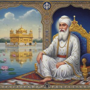 A serene portrait of Guru Ram Das seated in meditation on an ornate golden throne, wearing traditional white robes with intricate Madhubani-style patterns. His face radiates divine calm with a flowing white beard, gentle eyes, and a subtle golden aura around him. The background features the Golden Temple of Amritsar emerging from a mystical fog, with its reflection in the sacred pool creating perfect symmetry. Delicate lotus flowers float on the water surface, their petals glowing with ethereal light. Intricate Persian-style architectural details frame the scene, adorned with Gurmukhi patterns. The lighting is soft and mystical, with golden rays filtering through morning mist. Small vignettes in medallion patterns along the borders show scenes from his life - the digging of the sacred pool, teaching disciples, and serving humanity. The color palette combines deep royal blues, burnished gold, and pure whites. The art style merges traditional Sikh miniature painting techniques with modern digital art aesthetics, creating a dreamlike yet respectful portrayal. The composition includes subtle symbols of Sikhism like the Khanda and Ik Onkar integrated naturally into the decorative elements.