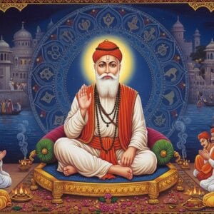 A serene portrait of Guru Ravidas in traditional white dhoti and angavastram, seated in padmasana on a golden lotus platform, radiating divine light. His face shows compassionate expression with gentle eyes and flowing white beard. Behind him, a large ornate mandala in deep blue and gold incorporates motifs of his teachings - leather tools symbolizing his profession, and the lotus symbolizing spiritual elevation. The background features a stylized Banaras ghat with flowing Ganges in ethereal blue. Devotees in historical Indian attire are shown in reverence at a lower level. The scene is illuminated by soft, golden light creating a mystical atmosphere. Intricate Madhubani-style patterns in gold and saffron frame the composition. The art style merges traditional Indian miniature painting techniques with modern digital art aesthetics, using a color palette of deep maroon, celestial blue, gold, and pure white. Multiple layers of translucent spiritual energy halos surround the Guru, emphasizing his divine presence. Small details include scattered rose petals, incense smoke swirls, and delicate sacred thread patterns.