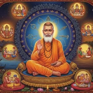 A serene portrait of Guru Ravidas seated in padmasana on a golden lotus platform, wearing pristine white dhoti and angavastram, his face radiating divine wisdom with a gentle smile. Behind him rises a large, ornate mandala in deep blues and golds, incorporating traditional cobbler's tools transformed into spiritual symbols. The mandala emits a soft, ethereal glow. His right hand is raised in the gesture of blessing while his left hand holds a sacred text. Around him, floating spheres contain vignettes of his teachings - shows people of all castes sitting together, sharing meals. The scene is set in a mystical landscape with the Ganges flowing in the background, its waters shimmering with golden light. Intricate Madhubani-style patterns in gold and saffron frame the composition. The lighting is divine and warm, creating a halo effect around the Guru. The art style merges traditional Indian miniature painting techniques with modern digital art aesthetics, emphasizing both spirituality and social harmony. The color palette includes deep maroons, celestial blues, and lustrous golds, with subtle integration of lotus motifs and peaceful doves in flight.