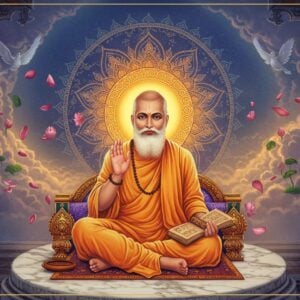 A serene portrait of Guru Ravidas in traditional white dhoti and angavastram, seated in padmasana on a moonlit marble platform, radiating divine golden aura. His right hand raised in blessing mudra, left hand holding an ancient Sanskrit manuscript. Behind him, a large ornate mandala in Madhubani style floats ethereally, incorporating motifs of lotus flowers and peaceful doves in shades of deep blue, saffron, and gold. Swirling mystical energy patterns and floating lotus petals surround him. The background features a stylized temple architecture with intricate carved pillars. Soft rays of light filter through clouds, creating a dreamlike atmosphere. The scene is rendered in a fusion of traditional Indian art and modern digital painting, with attention to realistic facial features showing his compassionate expression. Warm golden light emphasizes his spiritual presence, while subtle blues and purples in the background create depth and mysticism.