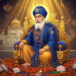 A majestic portrait of Guru Tegh Bahadur sitting in deep meditation on an ornate golden throne, wearing a royal blue chola with intricate gold embroidery and a tall, regal turban adorned with a kalgi. His face radiates divine wisdom and courage, with flowing white beard and serene expression. Behind him, a large, ethereal Khanda symbol glows in soft golden light, surrounded by intricate Gurmukhi patterns. The background features the historic Gurdwara Sis Ganj Sahib rendered in a modern architectural style with floating geometric mandala patterns. In the foreground, his symbolic weapons - the sword of justice and spiritual strength - rest on a bed of orange marigolds and white lotus flowers. The scene is illuminated by warm, divine light streaming from above, creating a dramatic interplay of light and shadow. The art style combines traditional Sikh miniature painting techniques with contemporary digital art, using a color palette of deep blues, rich golds, saffron orange, and pristine whites. Ethereal particles and light rays add a mystical atmosphere, while subtle details like floating kirpans and flowing fabric create movement in the composition.