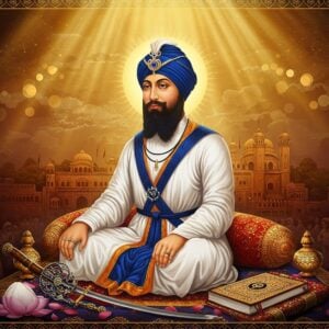 A majestic portrait of Guru Tegh Bahadur ji in meditation pose, wearing traditional white chola and blue turban with kalgi, surrounded by a golden ethereal aura. His serene face shows divine wisdom and sacrifice. Behind him, a stylized scene of Chandni Chowk, Delhi in warm saffron and deep maroon hues depicts his martyrdom site. The foreground features an ornate Kirpan and a sacred scripture lying on a richly decorated cloth. Floating lotus petals and geometric mandala patterns in peacock blue and gold frame the composition. Soft rays of divine light stream down from above, creating a mystical atmosphere. The art style combines traditional Sikh miniature painting elements with modern digital aesthetics, focusing on intricate details and rich textures. Multiple layers of translucent, glowing circles represent spiritual enlightenment. Background shows subtle silhouettes of devotees in prayer. The overall color palette emphasizes royal blues, saffron, and metallic gold with dramatic lighting highlighting the Guru's divine presence.