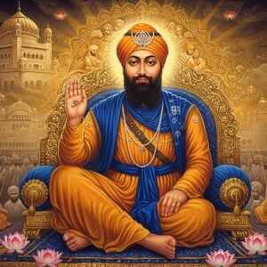 A majestic portrait of Guru Tegh Bahadur ji in meditation pose, wearing a royal blue chola and saffron turban adorned with a kalgi, seated on an ornate golden throne. His face radiates divine serenity with closed eyes and a gentle smile. Behind him, a large, intricate mandala in gold and deep blue emanates spiritual energy. Multiple translucent layers show scenes from his life - teaching disciples, protecting the weak, and standing against injustice. The background features the historic Gurdwara Sis Ganj Sahib rendered in ethereal, glowing lines. Floating lotus flowers in white and gold surround him, while rays of divine light in warm amber tones stream down. The scene is rendered in a fusion of traditional Indian miniature painting style with modern digital art techniques, featuring rich jewel tones of deep blue, saffron, and gold. Sacred symbols like the Khanda and Ik Onkar appear as subtle, glowing elements in the composition. The artwork should have a dramatic play of light and shadow, creating a mystical, timeless atmosphere that captures both the historical significance and spiritual essence of the Guru.