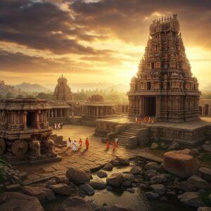 A breathtaking aerial view of Hampi's iconic Virupaksha Temple during golden hour, with its massive gopuram rising against a dramatic sky filled with warm orange and purple hues. The temple is surrounded by distinctive boulder-strewn landscape with massive granite rocks balanced precariously. In the foreground, the ancient stone chariot of Vittala Temple stands detailed with intricate carvings, while the Tungabhadra River flows serenely nearby, reflecting the golden light. Ancient stone pillars and ruins dot the landscape, with banana plantations adding touches of green. The scene features mystical light rays piercing through clouds, illuminating the ancient structures. Small groups of travelers and sadhus in traditional Indian attire explore the ruins, providing scale to the magnificent architecture. The art style combines hyperrealistic digital painting with Madhubani-inspired decorative patterns in the sky and water, featuring rich colors of deep ochre, burnt sienna, and royal blue. Ethereal mist weaves through the rocky terrain, creating a mystical atmosphere. The lighting emphasizes the three-dimensional texture of the carved stone structures and the natural erosion patterns on the boulders, photorealistic quality, cinematic composition.