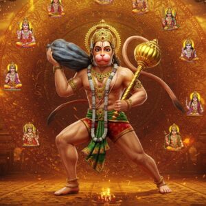 A majestic Lord Hanuman in dynamic stance, muscular physique, adorned in golden ornaments and saffron dhoti, carrying Sanjeevani mountain in his left hand, gada (mace) in right hand, with his tail curved upward. His face shows divine devotion, with tilak on forehead, and anjani-gold complexion. Behind him, a massive intricate mandala in deep orange and gold tones radiates spiritual energy. The mountain glows with medicinal herbs in ethereal blues and greens. Multiple smaller Hanuman idols in different traditional poses float in a circular pattern - one in flying pose, one in devotional stance before Ram, one showing his heart with Ram-Sita inside. The background features ancient temple architecture merging into modern geometric patterns. Soft rays of divine light emanate from the center, creating a mystical atmosphere. Artistic style combines traditional Pattachitra art with modern digital aesthetics, using rich colors like saffron, maroon, gold, and deep blue. The scene is framed with ornate borders featuring stylized pawprints, gadas, and Sanskrit symbols. Hyperrealistic 3D rendering with atmospheric lighting and particle effects.