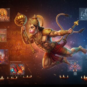 A majestic, muscular Lord Hanuman in dynamic flying pose against a cosmic backdrop, wielding his signature golden gada in his right hand, showing abhaya mudra in left hand. His divine form radiates a modern orange-golden aura, wearing contemporary-styled ornate gold armor merged with traditional designs. His tail forms an artistic Om symbol. The background features a split screen effect: one half showing traditional Madhubani-style art with scenes from Ramayana, the other half displaying modern cinema screens, digital art displays, and social media interfaces featuring Hanuman's various modern interpretations. Floating around him are ethereal holograms of his different pop-culture avatars from recent movies and games. The scene is illuminated by both traditional diyas and modern neon lights, creating a dramatic contrast. The color palette combines deep saffron, metallic gold, electric blue, and celestial purples. Photorealistic rendering with high detail, cinematic lighting, and subtle particle effects. The composition maintains religious accuracy while embracing modern aesthetic sensibilities.