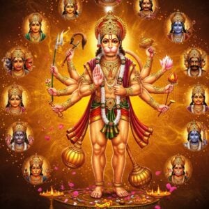 A majestic portrayal of Lord Hanuman in his cosmic form, positioned centrally against a swirling celestial background with golden and saffron hues. His body radiates divine orange-golden light, showing multiple manifestations transforming around him in a circular mandala pattern. His primary form shows him in a powerful stance, muscular build, adorned with golden ornaments, wearing a crown with Ram written on it. His four visible arms hold his signature mace (gada), mountain, flame, and one hand in blessing mudra. His tail forms an infinity symbol. Around him, 8 different forms of Hanuman are shown in smaller size - including Panchamukhi (five-faced), Rudra (fierce warrior), and Bhakta (devotee) forms, each distinct in color and attributes. The background features intricate Madhubani-style patterns with subtle images of sun, mountains, and flowing winds. Floating lotus petals and divine sparkles surround the scene. The overall color palette includes deep maroons, burnished golds, saffron orange, and celestial blues. The art style combines traditional Indian iconography with modern digital art techniques, creating a dramatic, spiritually powerful composition. Hyperrealistic 3D rendering with ethereal lighting effects and detailed texturing.