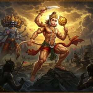 A dynamic, heroic scene depicting Lord Hanuman in his majestic form, muscular and powerful, with a golden-orange glow around him, standing tall against a dramatic stormy sky. His tail forms an elegant spiral behind him, while his right hand holds his signature gada (mace) adorned with intricate Sanskrit engravings. Multiple enemies surround him - a towering ten-headed Ravana with his twenty arms wielding various weapons, the shadowy form of Ahiravan emerging from dark mists below, and demon warriors in the background. The scene is illuminated by divine light breaking through storm clouds, creating dramatic shadows and highlights. Hanuman's eyes glow with devotion and determination, his tilak prominent on his forehead. The artwork combines traditional Pattachitra patterns in the borders and background details with modern digital art techniques. Rich colors dominate - deep maroons, royal blues, and burnished golds, with subtle mandala patterns floating in the atmosphere. The environment features destroyed palace architecture and mystical Lanka landscapes in the background. Motion lines and energy swirls in vibrant saffron and white emphasize the dynamic action, while floating flowers and sacred symbols add spiritual elements to the composition. Hyperrealistic textures in fur, armor, and fabric details.