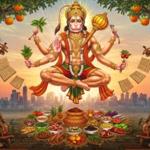 A majestic Lord Hanuman in a dynamic meditation pose floating above modern city skyline, his muscular form radiating golden divine light. His four visible hands hold a mace (gada), mountain herbs, fruits, and prayer beads. He wears traditional saffron dhoti with intricate Madhubani-style patterns. Surrounding him are modern fitness elements seamlessly blending with ancient Ayurvedic herbs and fruits - fresh fruits, nuts, roots, and herbs arranged in a mandala pattern below him. The background features a sunrise with soft pastel oranges and blues, with subtle sacred geometry patterns emerging from golden light rays. Ancient Sanskrit manuscripts and modern wellness books float ethereally in the scene. The art style combines hyperrealistic digital rendering with traditional Indian Pattachitra patterns, emphasizing both ancient wisdom and contemporary relevance. The scene is framed by stylized trees bearing medicinal fruits, with small vignettes of people doing yoga and meditation in modern athletic wear below. The color palette focuses on deep oranges, saffron, emerald greens, and celestial blues.