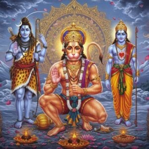A majestic scene depicting Lord Hanuman in his divine form, half-kneeling in reverence at the center, with his muscular body glowing in a deep saffron hue. On his right stands Lord Ram in royal blue attire, holding his signature bow and arrow, emanating a warm golden aura. On his left stands Lord Shiva in his cosmic form, with the crescent moon in his matted locks, holding the trishul in his right hand and damru in his left, surrounded by a cool blue ethereal light. Behind them, a large intricate mandala pattern in gold and silver combines symbols of all three deities - the Om, the bow and arrow, and the vanara tail. The background features the Himalayas with mystical clouds and floating lotus petals. The art style merges traditional Pattachitra patterns in the details of their clothing and jewelry with modern digital art techniques. Multiple small vignettes float around the main scene showing Hanuman carrying the Sanjeevani mountain, his childhood sun-chasing scene, and his heart split open showing Ram and Sita. The lighting creates a divine atmosphere with god rays breaking through clouds, highlighting the spiritual connection between the deities. The color palette focuses on deep maroons, celestial blues, and rich golds, with subtle Madhubani-style patterns in the borders.