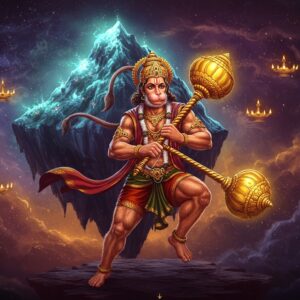 A majestic Lord Hanuman in dynamic pose wielding his golden gada (mace) against a cosmic backdrop, rendered in hyperrealistic digital art style with traditional Indian art elements. His muscular form appears in his signature orange-red hue, adorned with golden ornaments and a flowing saffron dhoti. His four hands hold his gada, a mountain peak with glowing herbs, showing his immense strength. His face exhibits divine determination with subtle Anjaneya features. Behind him, a colossal Dronagiri mountain floats in space, emanating ethereal blue-green aura from its healing herbs. The mountain is intricately detailed with Madhubani-style patterns. Swirling cosmic energies in deep purples and blues surround the scene, with small golden mandalas floating in space. Glowing particles and soft light rays emerge from both the gada and mountain. The lighting creates a dramatic effect with golden rim lighting on Hanuman's form. The scene captures both physical and spiritual strength through rich, deep colors of maroon, saffron, and peacock blue.