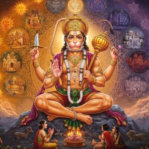 A majestic Lord Hanuman in dynamic pose, muscular and powerful, seated in lotus position atop Mount Sumeru, radiating divine golden aura. His four arms hold his signature mace (gada), a mountain, prayer beads, and mudra of blessing. His face shows serene determination with subtle smile, adorned with tilak. He wears golden ornaments and traditional red dhoti. Behind him, a large cosmic mandala intertwined with scenes from all four yugas, transitioning from golden Satya Yuga to dark Kali Yuga. The Kali Yuga portion shows modern city silhouettes. Floating mystical Sanskrit symbols and yantra patterns surround him. The color palette combines deep oranges, saffron, maroon with cosmic blues and purples. Multiple suns and moons in the background represent immortality. Style merges traditional Madhubani patterns with modern digital art, featuring intricate details in clothing and jewelry. Ethereal light rays pierce through clouds, creating a divine atmosphere. Tiny devotees in modern clothes seeking blessings are shown at the bottom of the composition. The overall scene emphasizes both timelessness and contemporary relevance.