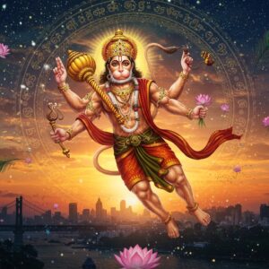 A majestic modern interpretation of Lord Hanuman in a dynamic pose, muscular and powerful, with his characteristic divine monkey features, soaring through a cosmic space filled with swirling golden mandalas and glowing Sanskrit symbols. His body radiates a divine golden-orange aura, wearing traditional red dhoti with intricate gold patterns. His four arms holding his signature mace (gada), a mountain in one hand, showing abhaya mudra with another, and anjali mudra with the fourth. The background transitions from deep spiritual indigo to sunrise orange, featuring a subtle silhouette of Ram-Setu bridge below. Floating lotus flowers and peacock feathers frame the composition. The art style combines hyperrealistic digital rendering with traditional Madhubani patterns in the details. His face shows intense devotion and strength, with eyes glowing with divine energy. Modern office buildings and cityscapes are visible far below, creating a connection between ancient wisdom and contemporary life. Soft particles of divine light scatter around him, creating a ethereal atmosphere.