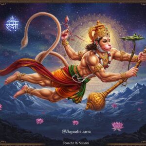 A majestic, muscular Lord Hanuman in dynamic flying pose against a cosmic supernatural background, his magnificent tail spiraling into an intricate golden mandala pattern. His body is painted in vibrant saffron-orange, adorned with divine ornaments and a golden Rudraksha mala. His four hands hold his signature mace (gada) in lower right, mountain in upper right, while his upper left shows Sanjeevani herbs glowing with ethereal blue light, and lower left in blessing mudra. His tail is prominently featured, elongated and powerful, with sacred Sanskrit symbols subtly embedded in its fur pattern. His face shows devotion and strength, with a tilak on forehead and divine glow surrounding him. The background features the Himalayas in deep blue hues, with Ram's name written in celestial clouds. Intricate Madhubani-style patterns frame the scene, while floating lotus flowers and subtle divine light rays add depth. Art style merges hyperrealistic digital art with traditional Indian artistic elements, emphasizing both power and divinity. The color palette includes deep maroons, celestial blues, and touches of gold with a soft ethereal glow throughout.