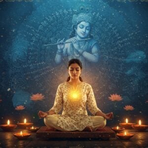 A serene Indian meditation scene featuring a young Indian woman in a flowing white and gold kurta, seated in padmasana on a carved wooden platform, eyes closed in peaceful meditation. Her hands are in chin mudra, with golden light emanating from her heart chakra. Around her, ethereal visualizations of Sanskrit mantras transform into flowing streams of light in saffron and gold hues. The background features a large, intricate mandala in Madhubani style, with concentric patterns incorporating peacock feathers, lotus motifs, and traditional yantra elements. Multiple translucent layers show Lord Krishna playing his flute in a modern minimalist style, rendered in peacock blue and gold. Floating lotus flowers and diyas surround the scene, each emitting a soft, warm glow. The overall composition has a dreamy, digital watercolor effect with a color palette of deep indigos, celestial blues, and metallic golds. Soft particle effects suggest divine energy, while traditional Indian patterns create a border frame. The lighting is ethereal and mystical, with light rays filtering through like early morning sun in a temple.