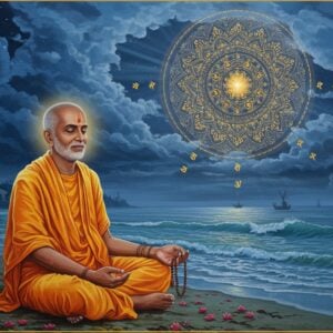 A serene portrait of Haridasa Thakur in traditional saffron dhoti and angavastram, seated in padmasana on a moonlit beach near Puri, Odisha. His eyes are closed in deep meditation, with a peaceful smile. His right hand holds tulsi mala beads, while his left hand rests on his knee. Behind him, the waves of the Bay of Bengal gently crash, creating a mystical mist. A large, intricate mandala in gold and deep blue floats in the night sky, emanating divine light. Around him, 108 glowing names of Krishna appear as floating golden sparkles. The scene is surrounded by flowering tulsi plants and peacock feathers. In the background, faint silhouettes of devotees chanting and dancing can be seen. The art style combines traditional Pattachitra patterns in the mandala and clothing details with modern digital art techniques. The color palette features deep indigos, rich golds, soft turquoise, and warm saffron hues. Ethereal light rays pierce through clouds, creating a divine atmosphere. The overall composition emphasizes devotion, spirituality, and transcendental meditation.