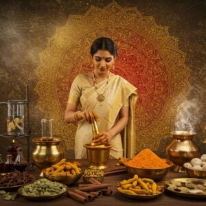 A serene Indian woman in a cream-colored silk saree performing traditional medicine preparation in a modern kitchen-laboratory fusion setting. The scene shows her grinding turmeric roots in a golden mortar and pestle, surrounded by traditional Ayurvedic ingredients like cardamom, cinnamon, and long pepper arranged in brass vessels. Golden particles float in the air, creating a mystical atmosphere. A large, intricate mandala pattern in shades of turmeric yellow and deep saffron glows behind her. The background features modern laboratory equipment seamlessly blended with traditional copper vessels. Soft, warm lighting emphasizes the golden-yellow hues of turmeric. Detailed Madhubani-style border patterns featuring medicinal herbs and flowers frame the scene. The woman's hands are stained with turmeric, creating a natural golden glow. The atmosphere combines clinical precision with traditional warmth, featuring ethereal steam rising from brewing vessels. Hyperrealistic digital art style with rich textures and detailed botanical accuracy. The overall mood suggests a bridge between ancient wisdom and modern science.
