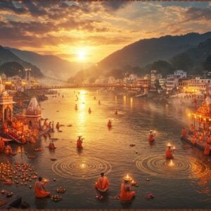 A breathtaking aerial view of the Ganges River at sunset, with golden light illuminating the sacred waters flowing between Haridwar and Rishikesh. The iconic Har Ki Pauri ghat in Haridwar is detailed in the foreground, adorned with hundreds of glowing diyas floating on the water. The famous Lakshman Jhula bridge of Rishikesh spans across the river in the background, with the majestic Himalayas rising behind it. Several sadhus in saffron robes perform evening aarti with large brass lamps, creating spiral patterns of light. The scene incorporates traditional Madhubani-style border patterns with modern digital art techniques. The color palette features deep oranges, celestial blues, and burnished golds. Ethereal mist rises from the river, creating a dreamlike atmosphere. Multiple temples with intricate architecture dot the riverbanks, their spires reaching skyward. The scene is enhanced with floating lotus flowers, bells, and subtle mandala patterns in the sky. The lighting is dramatic with sun rays piercing through clouds, creating a divine atmosphere. Hyperrealistic digital art style with photographic details and magical realism elements.