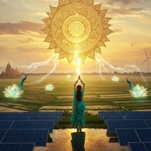 A majestic digital illustration showing a young Indian woman in modern traditional attire (teal and gold saree) standing on a reflective surface, her arms raised gracefully towards a massive, intricately detailed golden sun mandala in the sky. The sun mandala incorporates traditional Madhubani patterns and contemporary solar panel geometric designs. The landscape below features a sweeping vista of solar farms seamlessly integrated with traditional Indian agricultural fields, creating a harmonious pattern of blue-black panels and green crops. Floating ethereal lotus flowers made of light emerge from the solar panels. The scene is bathed in warm, golden light with soft pastels (pale orange, rose gold, and azure) in the sky. Modern wind turbines in the distance blend with ancient temple spires. Peacocks, symbolizing sustainable prosperity, perch on the solar panels. Delicate energy threads of light connect the sun to the panels, visualized in traditional Pattachitra style. The composition suggests both technological progress and spiritual connection to nature. Hyperrealistic rendering with magical realism elements, featuring lens flares and light rays. 4K resolution, cinematic lighting, detailed textures.