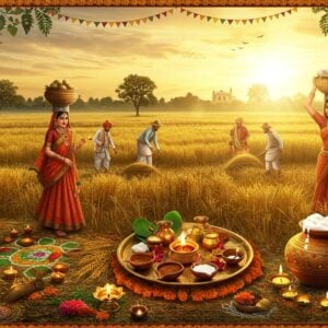 A panoramic rural Indian landscape during golden hour, featuring farmers in traditional attire (dhoti, kurta) joyfully harvesting wheat fields. In the foreground, an elaborately decorated puja thali with fresh harvest offerings, diyas, and flowers. The scene includes regional festival elements - a Punjab-style bhangra dancer, Kerala's Onam pookalam made with marigolds, and Tamil Nadu's Pongal pot overflowing with milk. The background shows women in colorful sarees carrying harvest baskets on their heads. Intricate Madhubani-style border patterns frame the scene, incorporating motifs of sun, crops, and peacocks. The lighting is warm and ethereal with rays of sunlight filtering through, creating a magical atmosphere. Floating elements include delicate rangoli patterns, lotus flowers, and golden leaves. The color palette focuses on rich harvest colors - golden yellow, deep orange, forest green, and earthy browns, with metallic gold accents. The style combines hyperrealistic digital art with traditional Indian art elements, creating a seamless blend of modern and classical aesthetics.