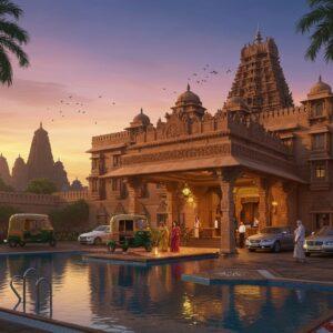A serene panoramic view of Haveri's landscape at golden hour, featuring a luxurious heritage-style hotel with traditional Karnataka architecture in warm sandstone colors, adorned with intricate Hoysala-style carvings. In the foreground, a pristine infinity pool reflects the sunset sky in peacock blues and magentas. Modern luxury cars and traditional decorated auto-rickshaws line the hotel entrance, which features ornate pillars and brass lamps. Traditional Kannada-style mandala patterns decorate the pathway. The scene is composed in Madhubani art style with modern digital touches, showing well-dressed Indian tourists with luggage entering the hotel. Palm trees and native flowers frame the scene, while in the background, the silhouette of Haveri's famous temples creates a cultural backdrop. The lighting is warm and inviting, with soft golden rays filtering through the scene, creating a welcoming atmosphere. Small details include traditional Karnataka rangoli patterns at the entrance and subtle modern amenities like a concierge desk visible through the grand entrance.