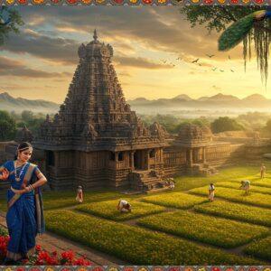 A stunning aerial view of Haveri's ancient Siddhesvara Temple complex at golden hour, with intricate Hoysala architecture highlighted in warm sunlight. In the foreground, a traditionally dressed Karnataka woman in a deep blue silk saree with golden border performs a classical dance pose against blooming red hibiscus flowers. The middle ground features farmers tending to vibrant yellow mustard fields, symbolizing Haveri's agricultural heritage. The background showcases the majestic Western Ghats with misty peaks, while peacocks dance in a nearby banyan tree. Madhubani-style decorative patterns frame the scene, incorporating motifs of cotton bolls and spice garlands. The lighting is ethereal with soft golden rays filtering through clouds, creating a mystical atmosphere. The color palette includes deep indigo, mustard yellow, forest green, and burnished gold. The scene is rendered in a fusion of traditional Indian art and modern digital painting techniques, with fine details in the temple carvings and textile patterns. Small streams of water reflect the golden sky, adding depth and serenity to the composition.