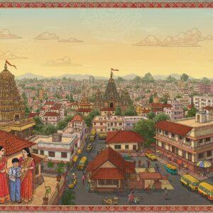 A panoramic aerial view of Haveri city at golden hour, rendered in vibrant Madhubani-inspired art style, showcasing traditional red-tiled Karnataka houses blending with modern apartments. The foreground features a young Indian family (father in formal attire, mother in silk saree, child in school uniform) standing near their home. The scene is framed by intricate Pattachitra-style borders with local Haveri motifs like cotton plants and turmeric flowers. Key landmarks visible include the Siddheshwara Temple's ornate spire and the bustling central market. The composition includes subtle visual elements representing daily life - a modern hospital building, school buses, and local transportation. The sky features delicate mandala patterns in soft pastels (pale blue, pink, and gold), with stylized clouds. The lighting creates a warm, welcoming atmosphere with soft golden rays illuminating the cityscape. The art style combines photorealistic architecture with decorative Indian folk art elements, creating a harmonious blend of tradition and modernity.